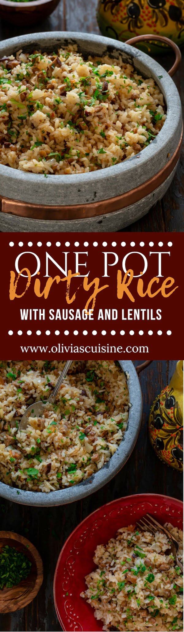 A collage of Brazilian Dirty Rice with sausage and lentils photos.