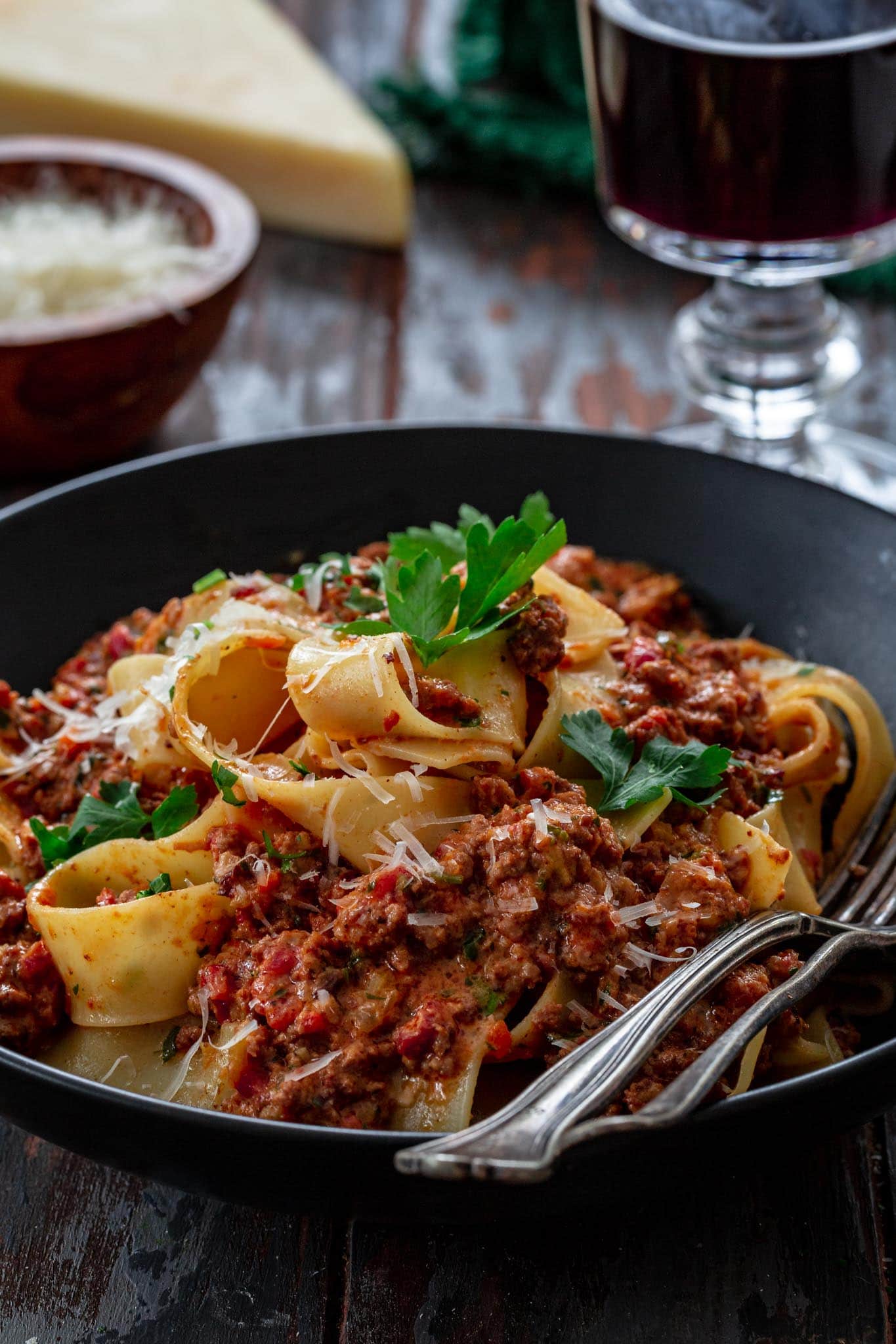 Close up of pappardelle alla bolognese