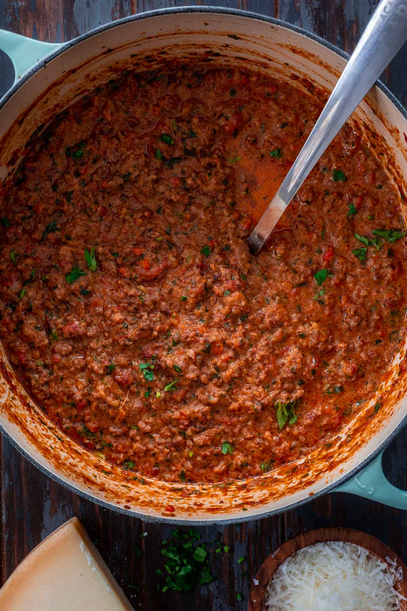 A big pot of Ragu alla Bolognese.