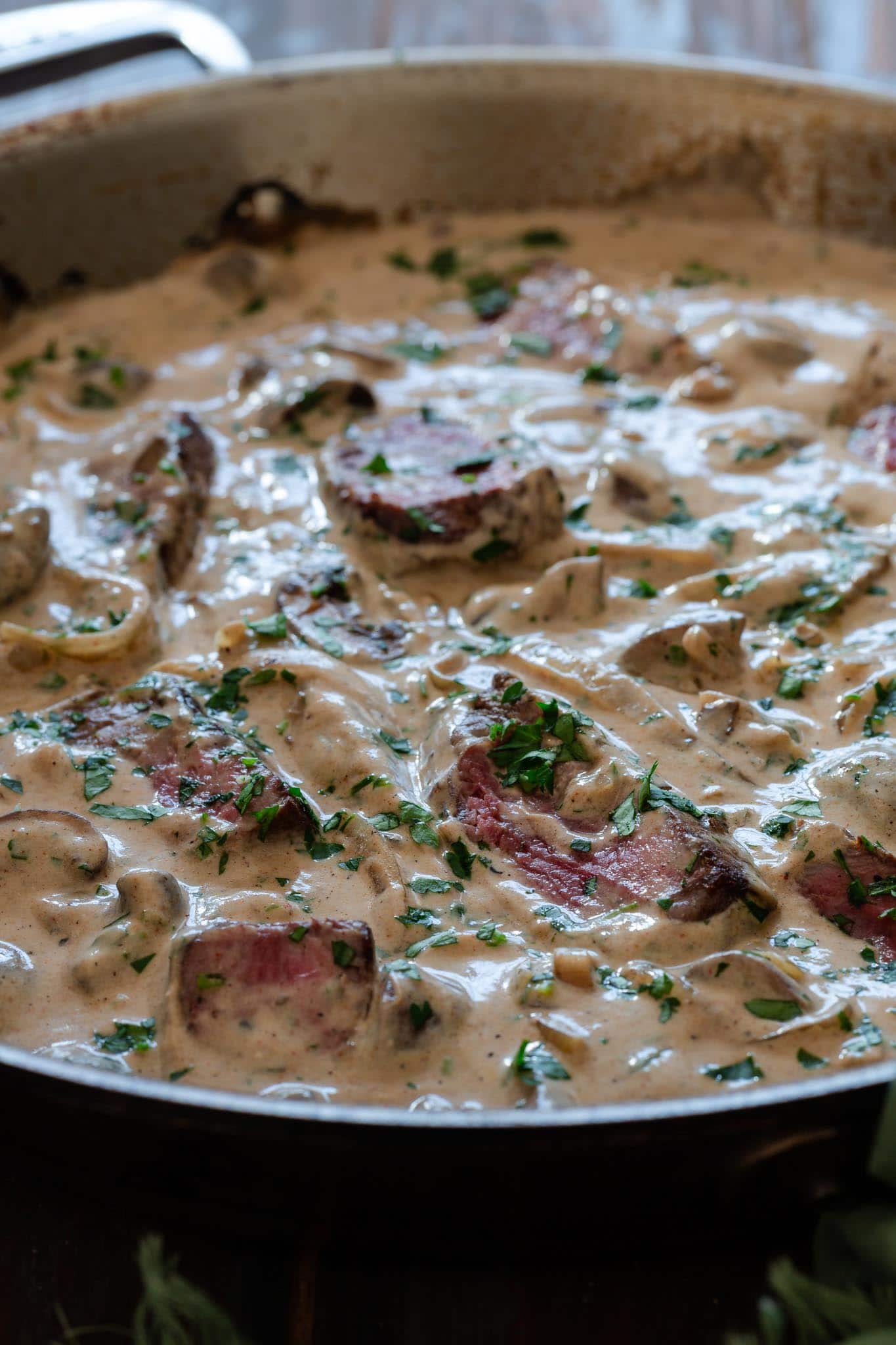 Creamy beef stroganoff in the skillet.