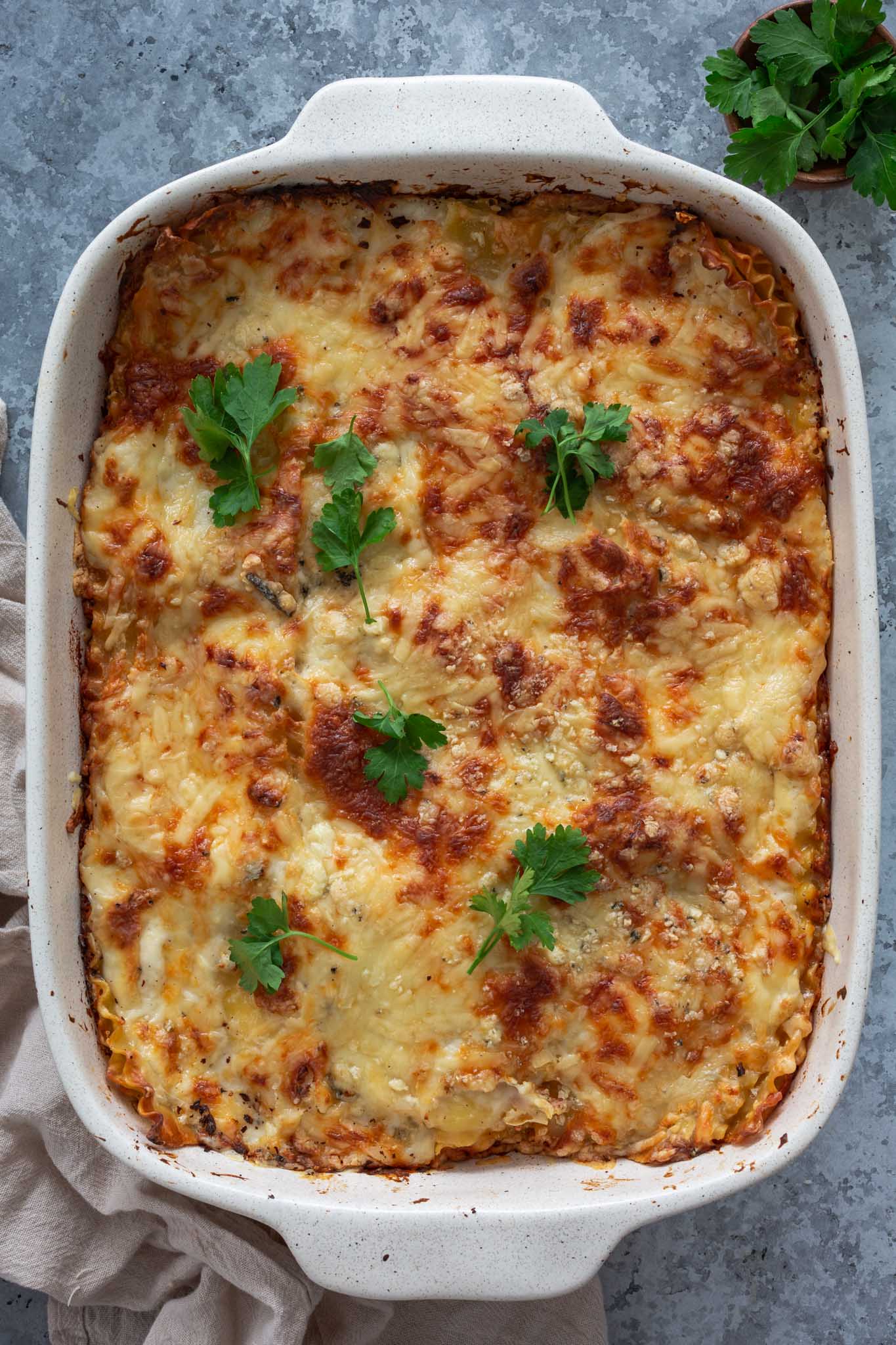 Four cheese lasagna seen from above.