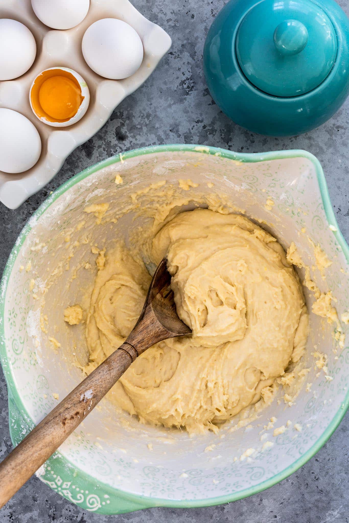 A mixing bowl of Brazilian doughnuts dough