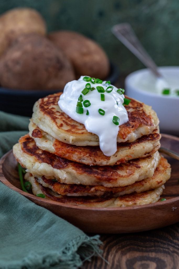 Boxty (also known as Irish Potato Pancakes) topped with sour cream and chives.