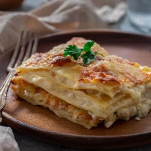 A slice of four cheese lasagna.