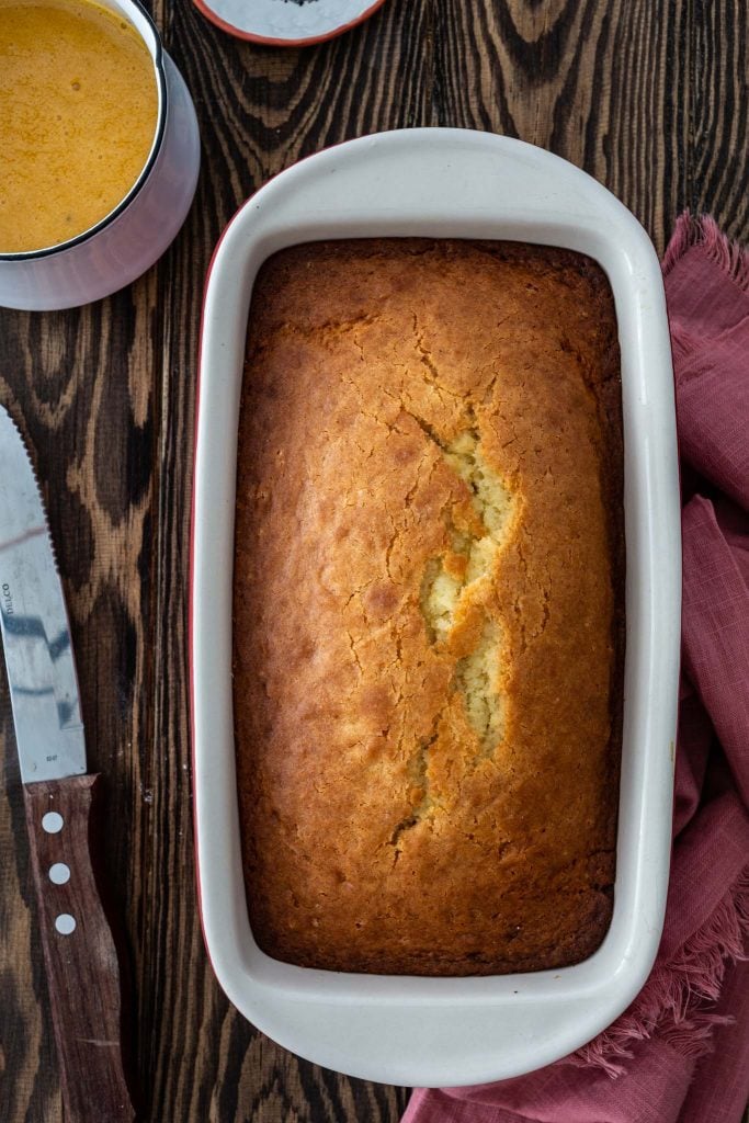 Yogurt pound cake in a loaf pan.