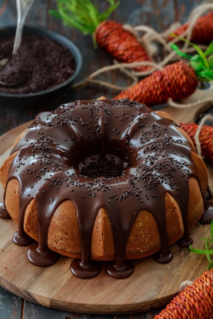 Brazilian carrot cake covered with brigadeiro frosting.