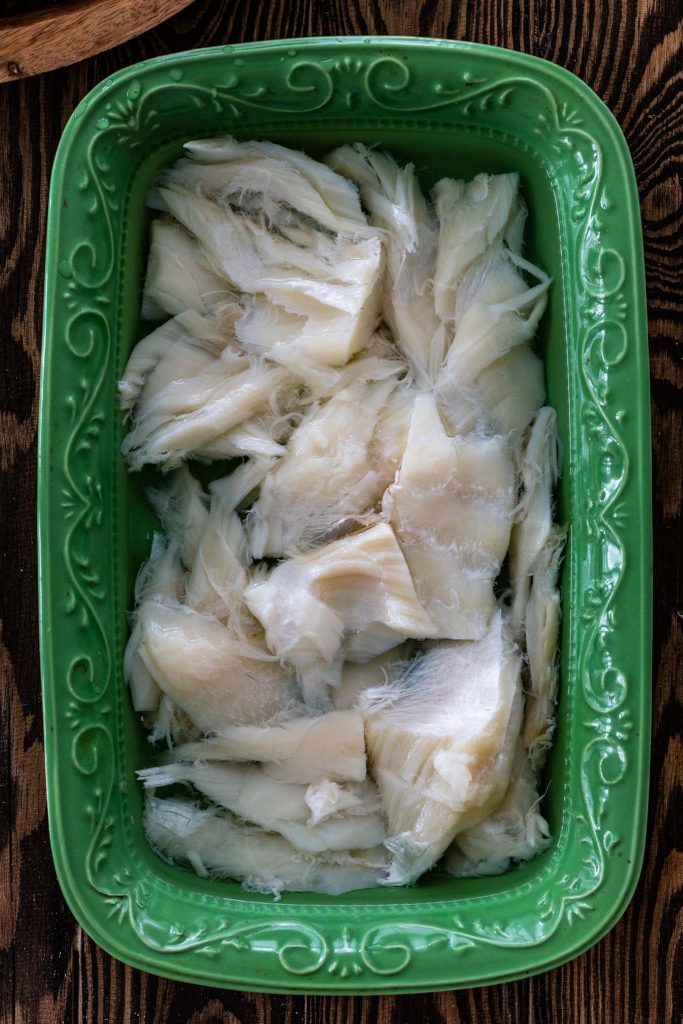 Salted cod fish soaking in water.
