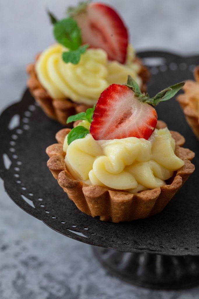 A close up shot of a Brazilian Strawberry Tartlet.