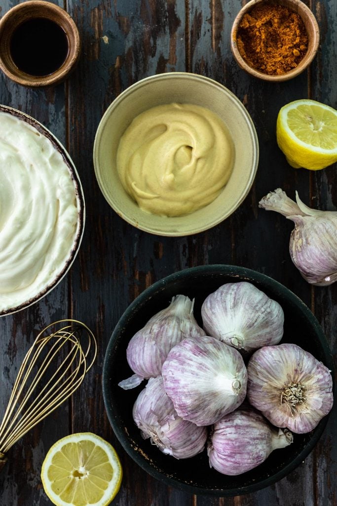 Ingredients for roasted garlic aioli