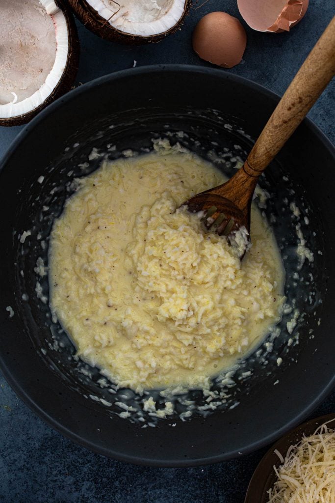 Queijadinha filling made with sweet condensed milk, parmesan cheese and fresh coconut.