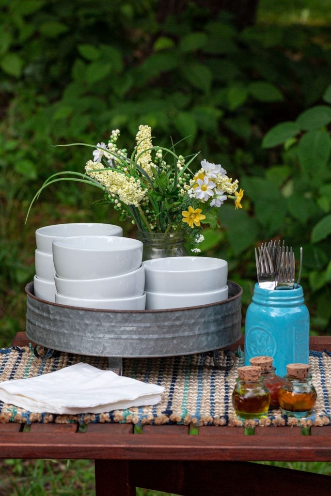 Setting the table for Mac and cheese party