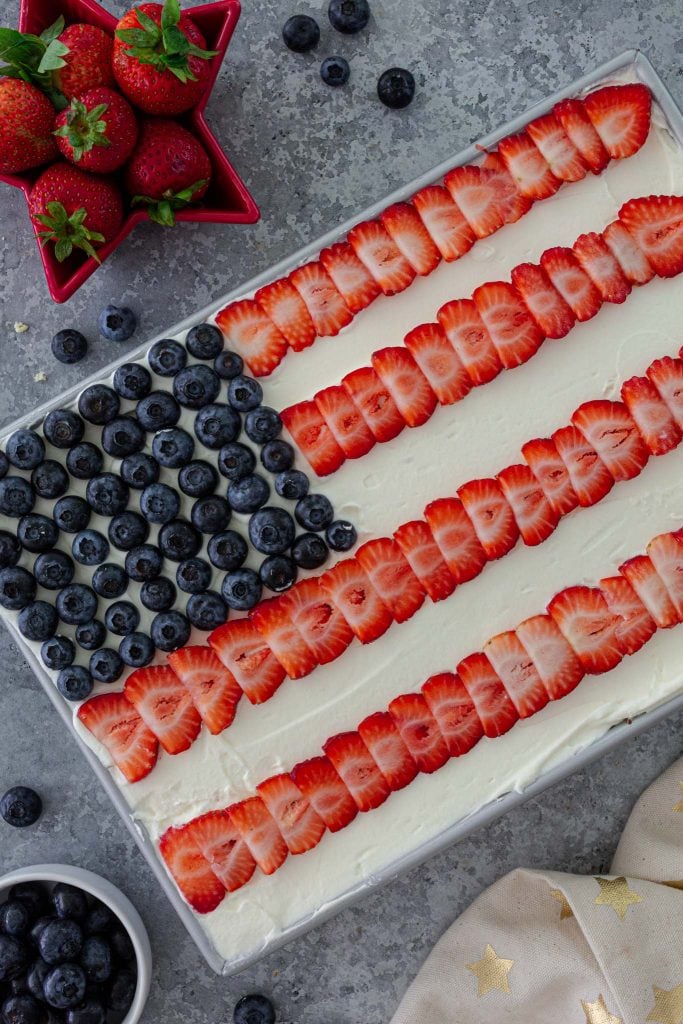 American flag cake studded with berries.