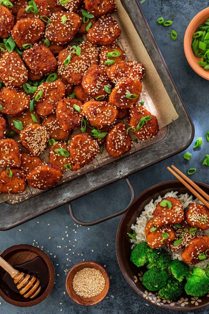 A tray of honey glazed chicken nuggets