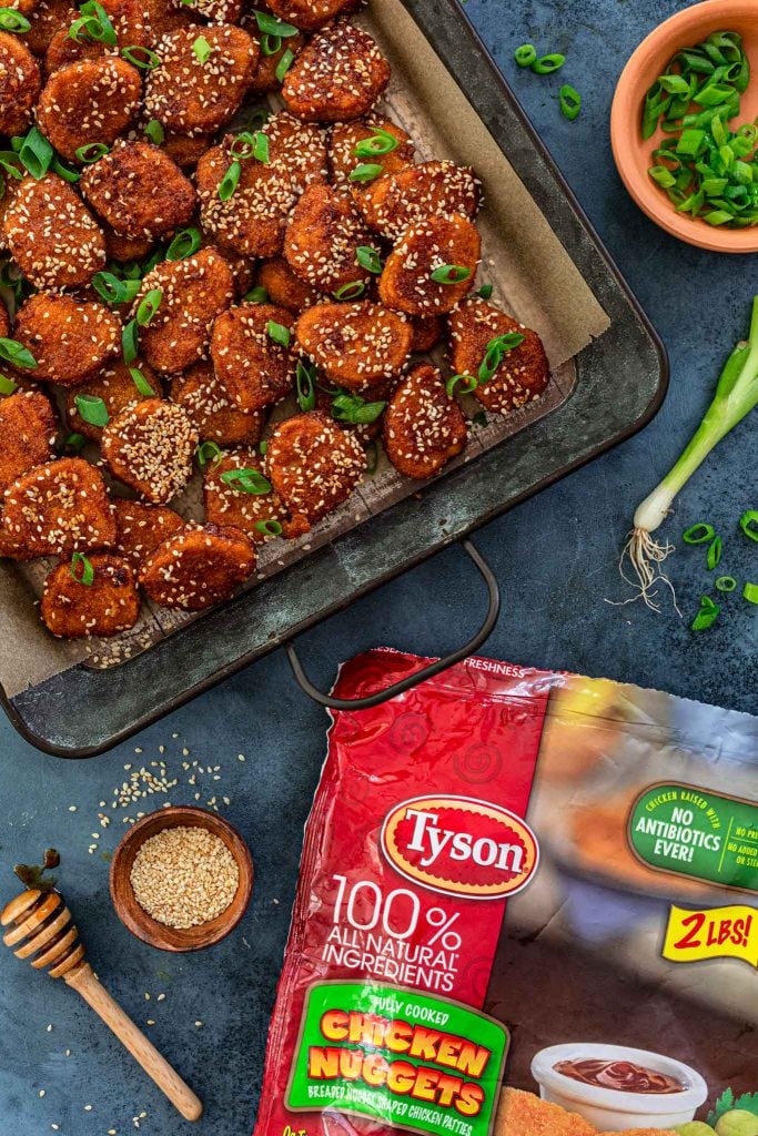 Tyson chicken nuggets get a makeover with a honey garlic glaze!