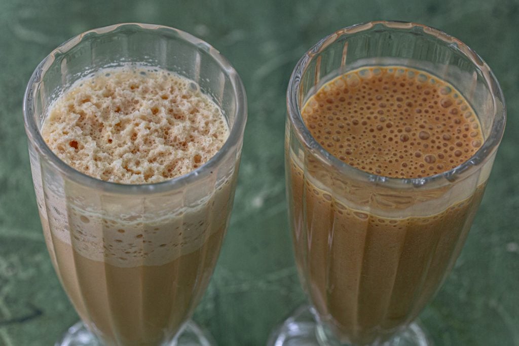 Two versions of frappuccinoi: one with xanthan gum and one without.