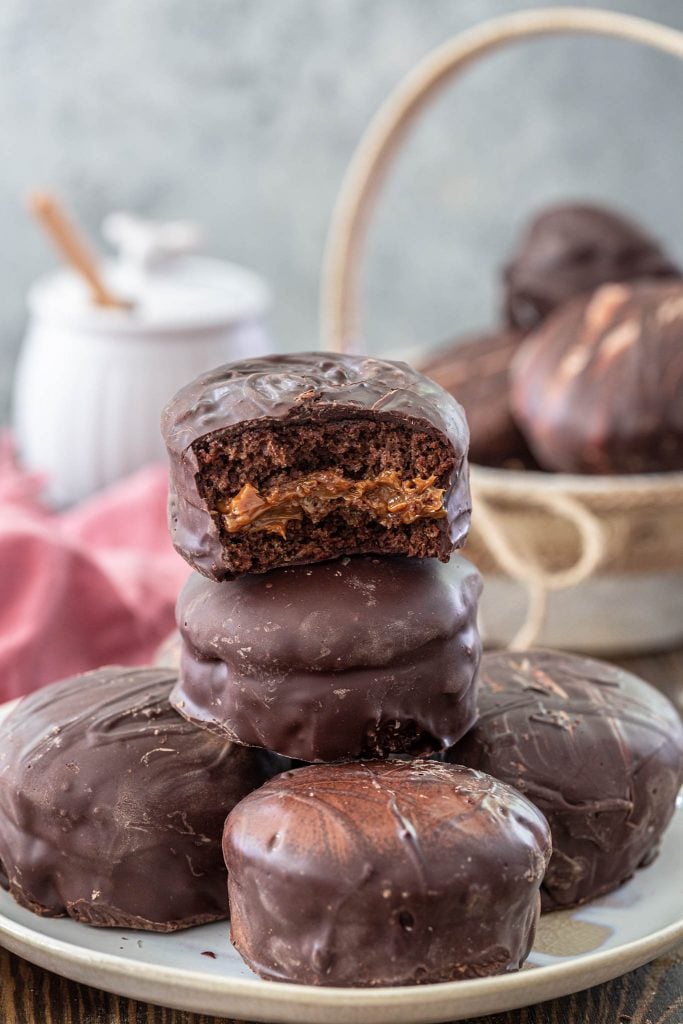 Brazilian Honey Cakes filled with dulce de leche and covered in chocolate.