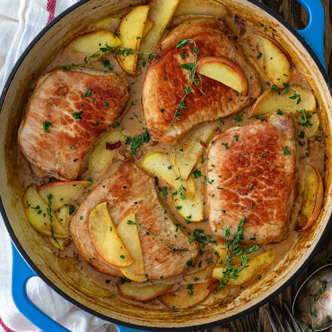 Pork Chops and Apples with Creamy Bacon Bourbon Sauce