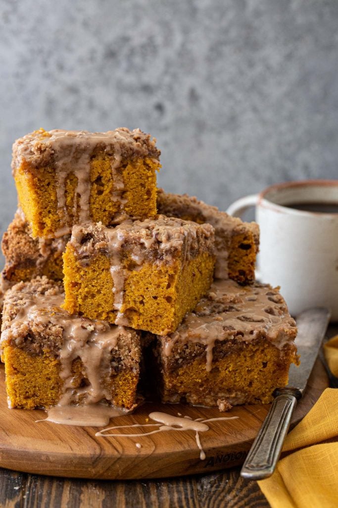 Freshly baked pumpkin coffee cake with pecan streusel and maple glaze.