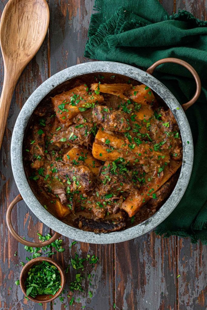 A pot of short rib beef stew with yuca