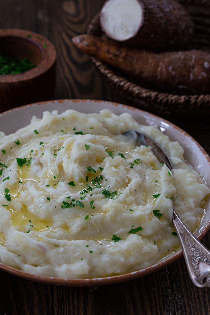 A plate of creamy mashed yuca.