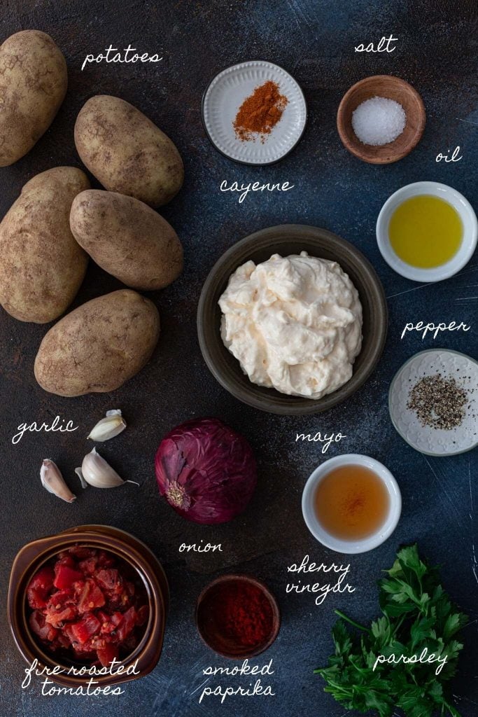 Ingredients to make patatas bravas.