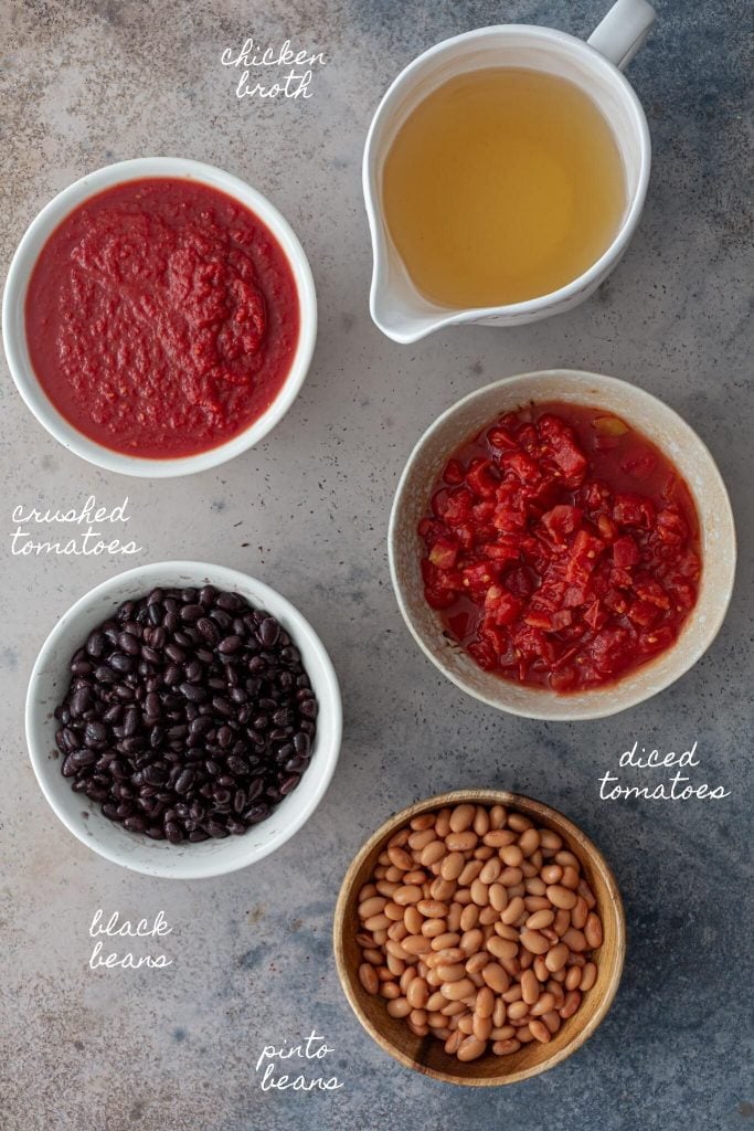 Canned ingredients: tomatoes, broth and beans.