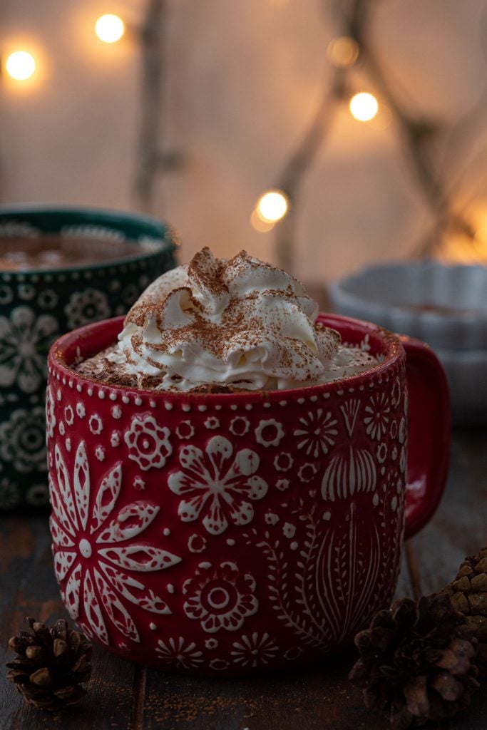 Creamy and thick hot cocoa topped with whipped cream and a sprinkle of cinnamon.