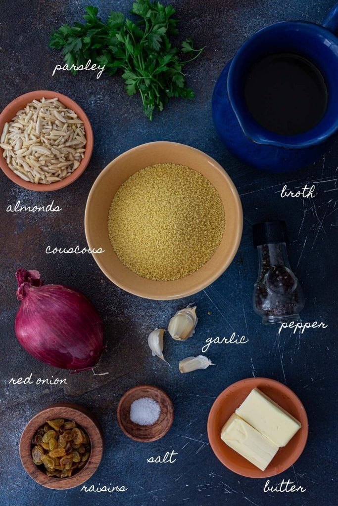 Ingredients to make couscous pilaf.