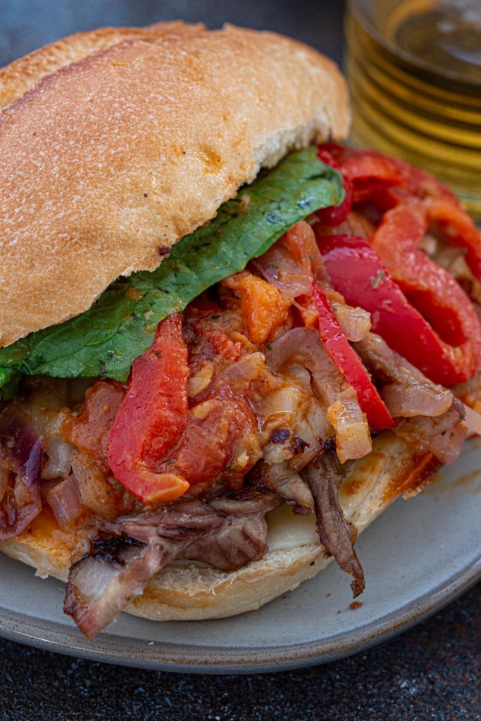 Roast pork sandwich with pepper relish.