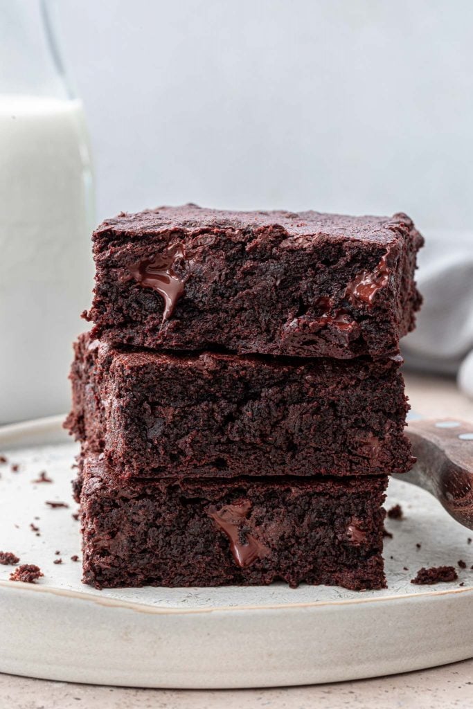 A stack of fudgy brownies.