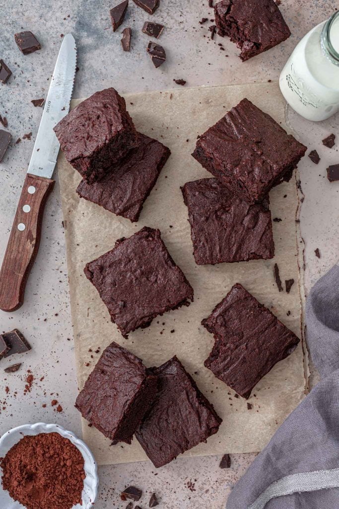 An overhead shot of homemade brownies.