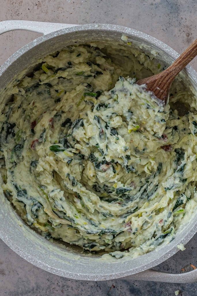 Mashed potatoes with kale, leek, scallions and bacon.