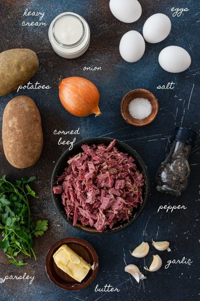 Ingredients for corned beef hash recipe.