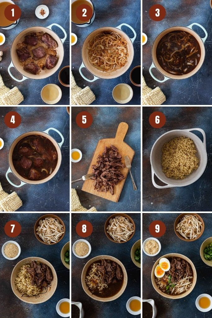 Step by step instructions on how to make short rib ramen soup.