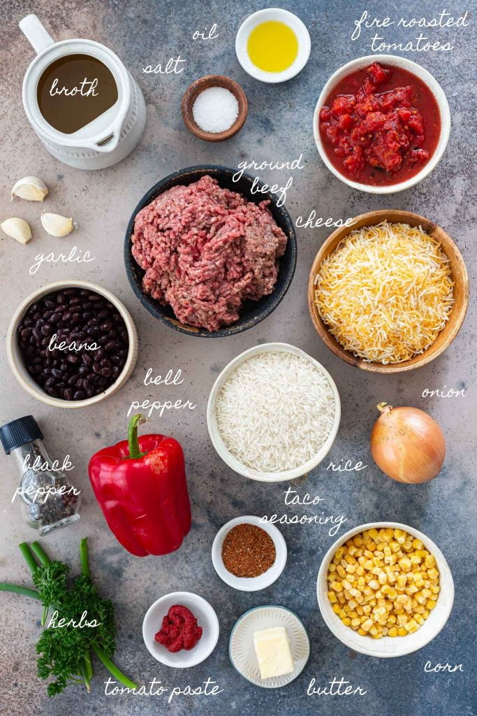 Ingredients to make Mexican Beef and Rice Skillet.