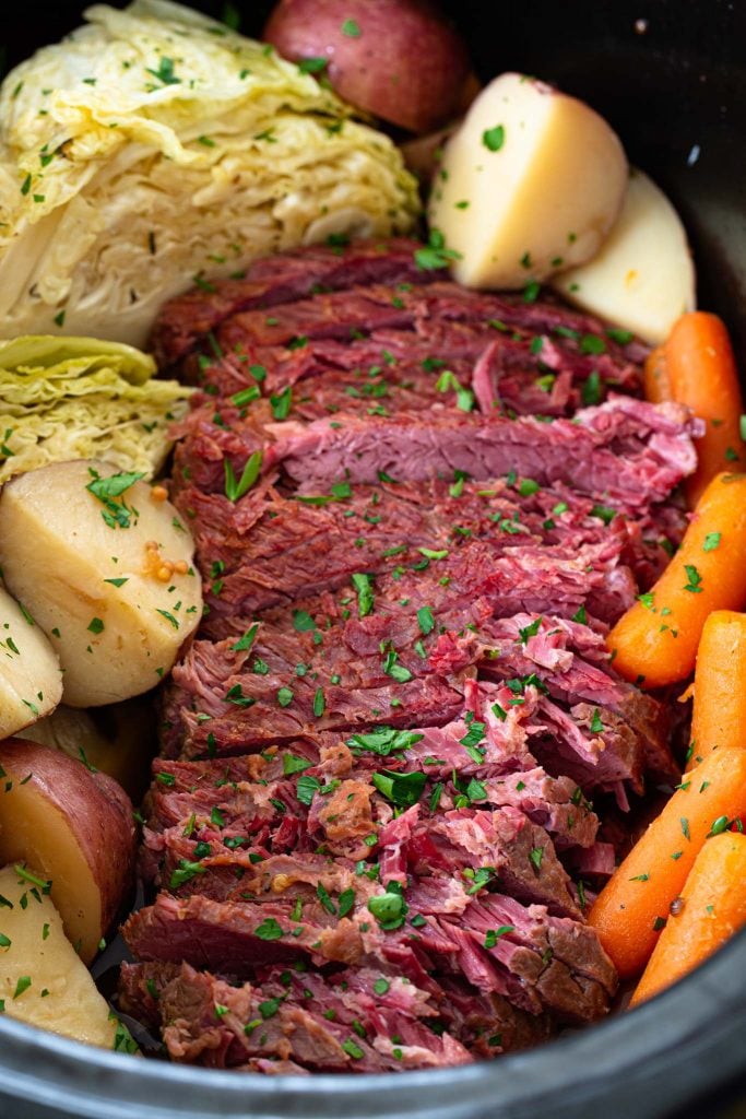 Slow cooker corned beef and cabbage.