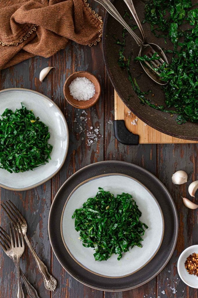 Serving garlicky greens.