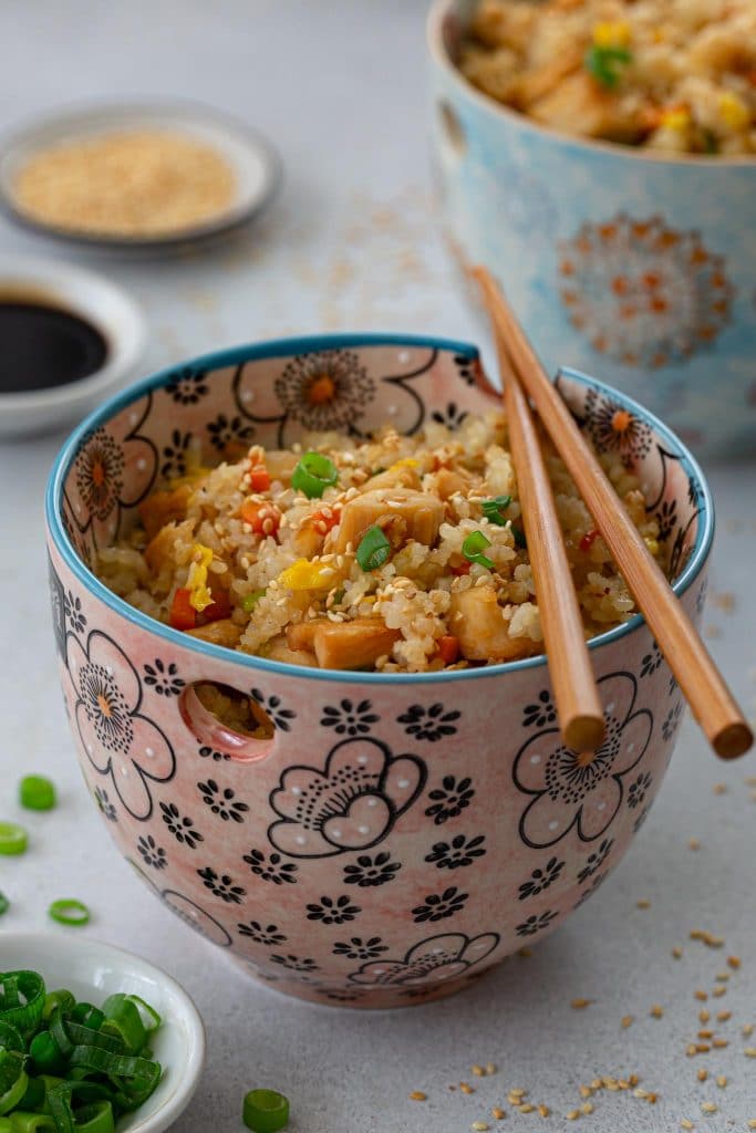 Benihana-style chicken fried rice in a bowl.