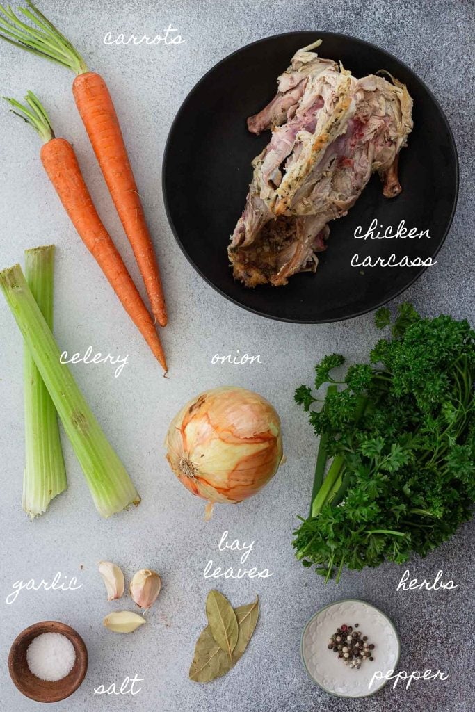 Ingredients to make homemade chicken stock recipe.