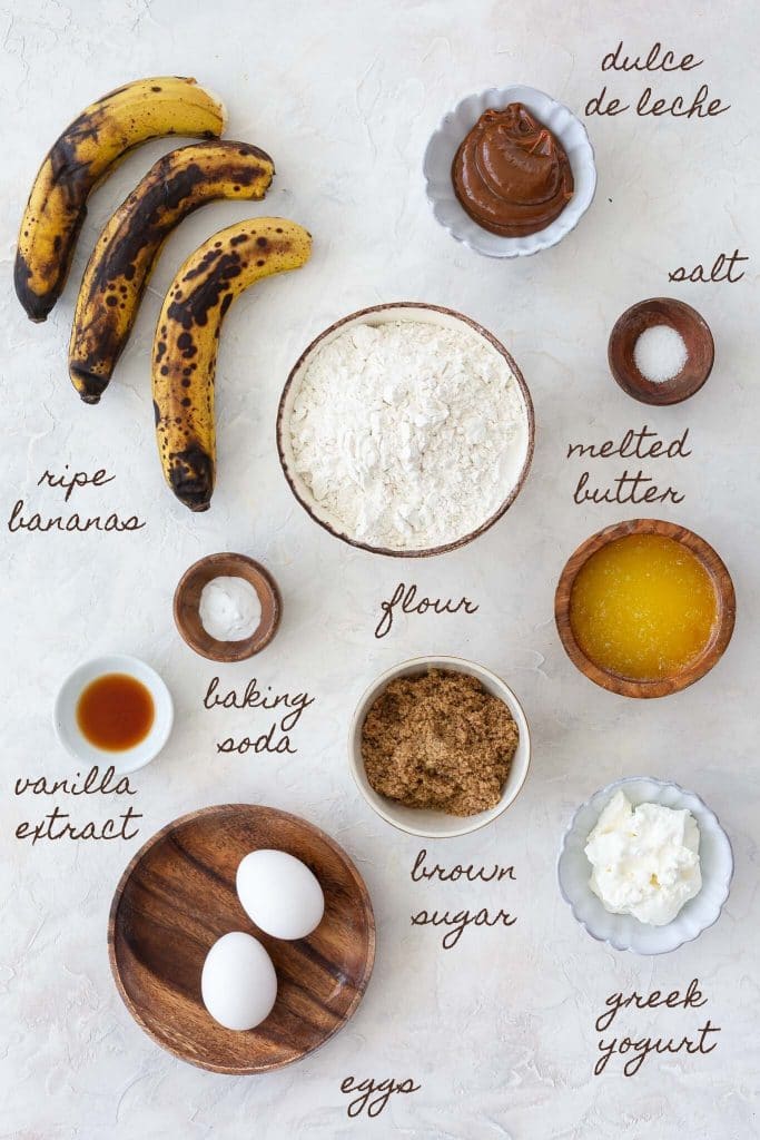 Ingredients to make Dulce de Leche banana bread recipe.