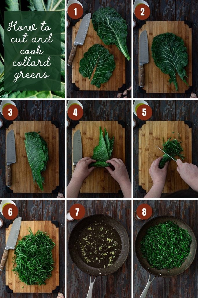 Step by step photos on how to make collard greens recipe.