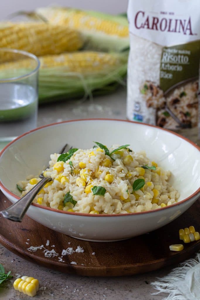 A bowl of corn risotto.