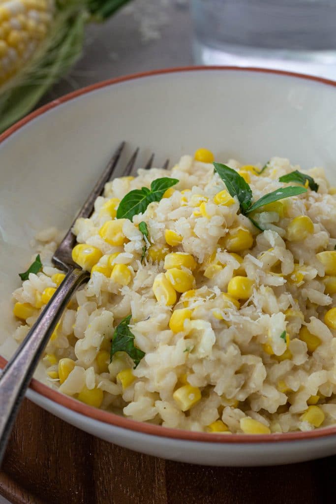 A close-up photo of corn risotto.