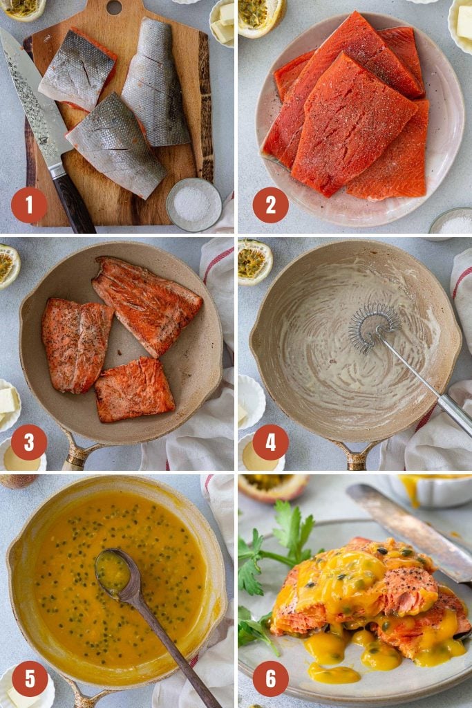 A collage of step by step photos to make the pan fried salmon recipe.