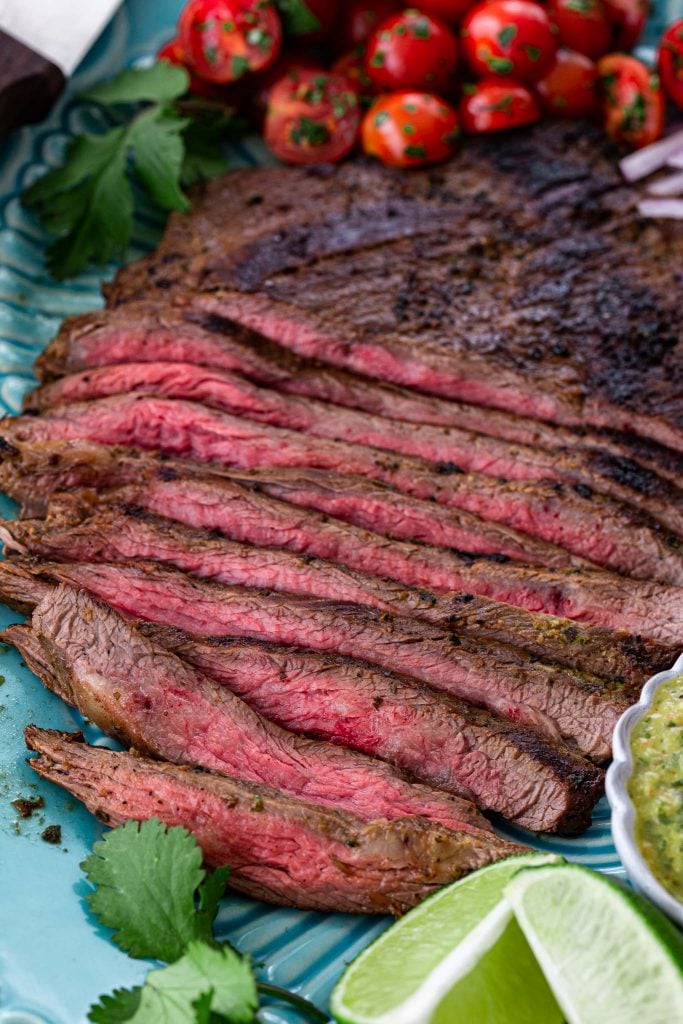 Close up shot of juicy carne asada.