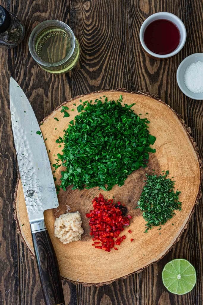 Chopped herbs, garlic and chili.