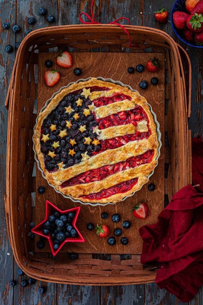 Stars and stripes berry pie in a basket.