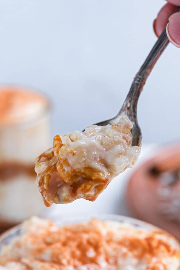 A spoonful of dulce de Leche rice pudding.