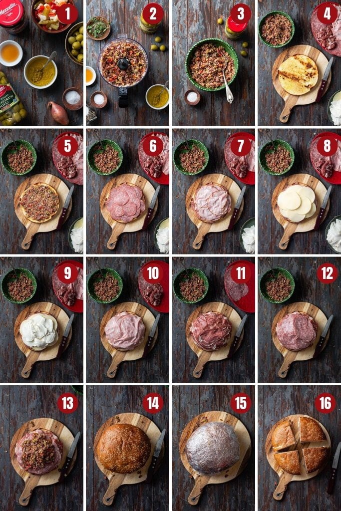 Collage of step by step photo instructions on how to make Muffuletta.