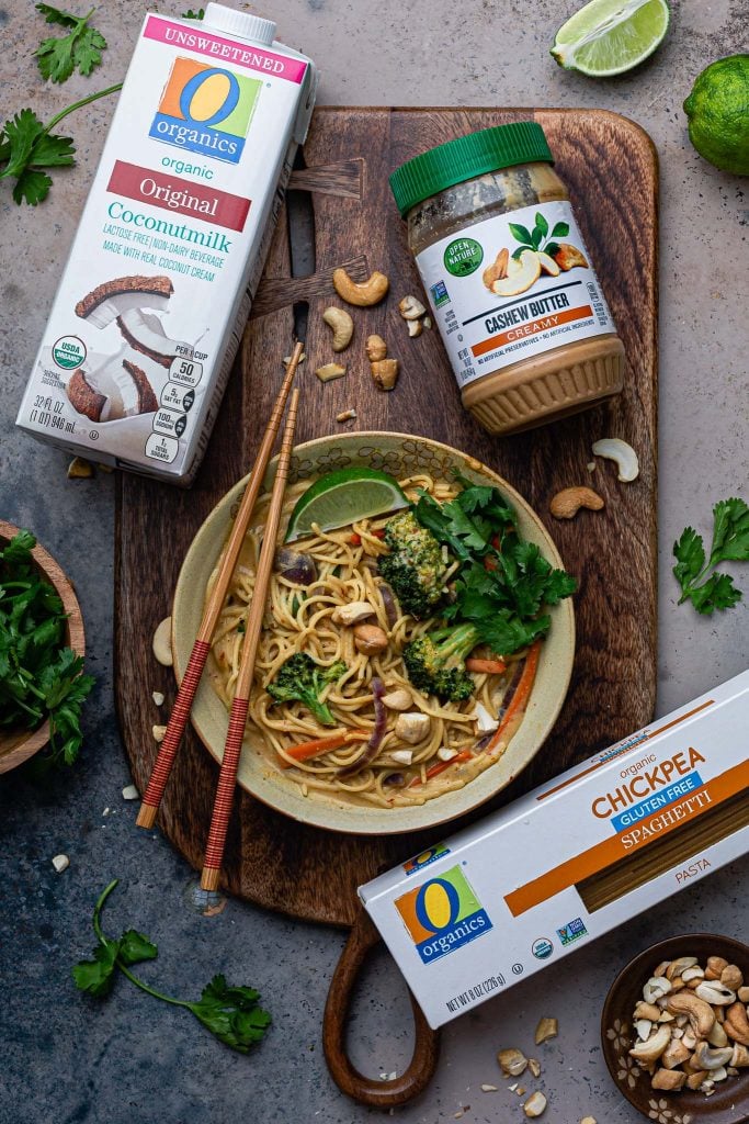 Overhead photo of the cashew noodles plus the sponsor ingredients.